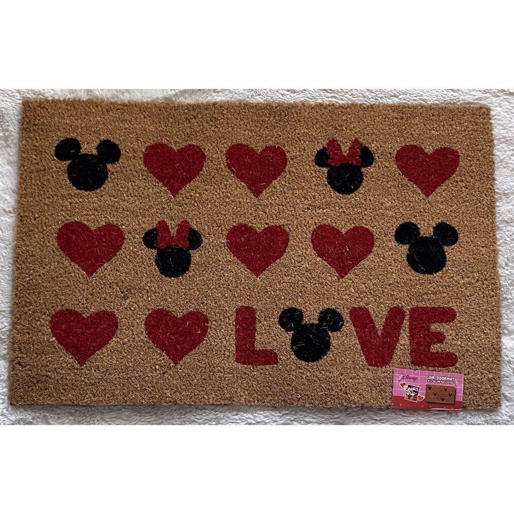 Disney Mickey Minnie Ears Coir Door Mat Outdoor Valentines Love Hearts 18 X 28”